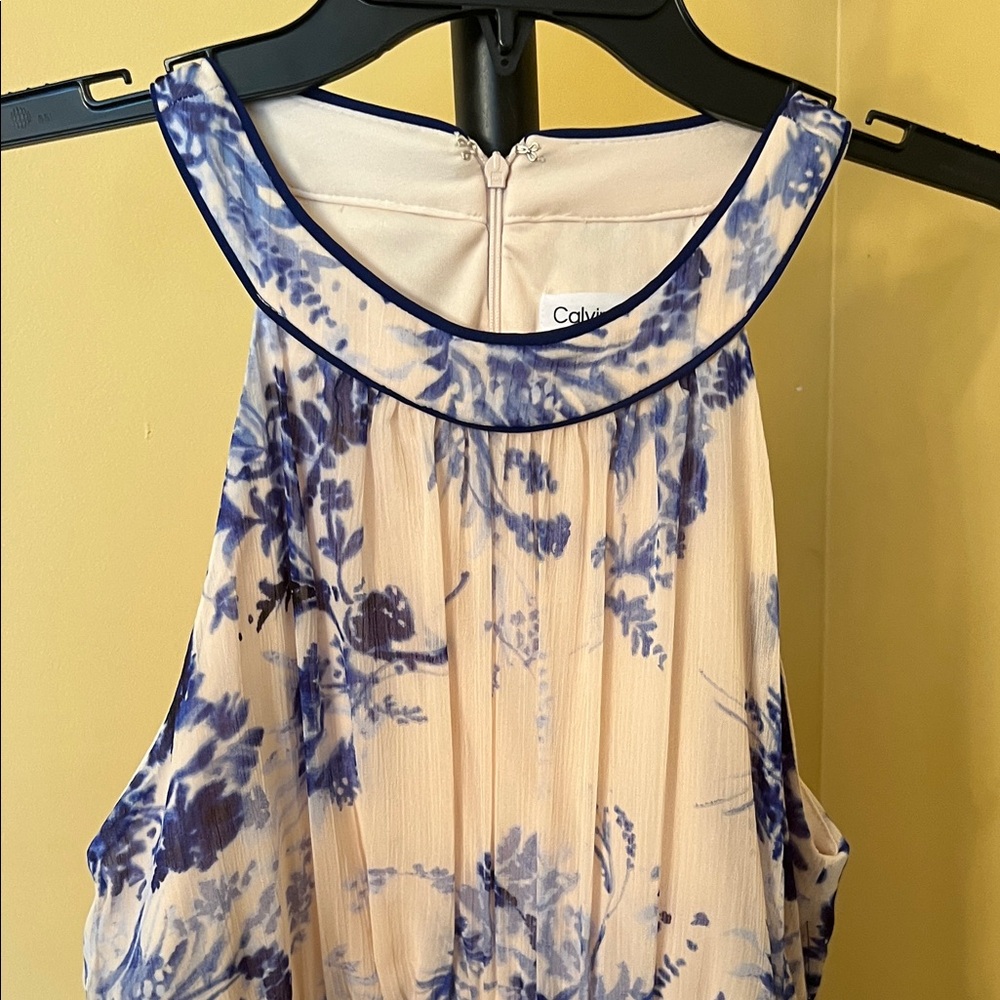 Calvin Klein Cream Blue Midi Dress size 6 simple BoHo pleated cottagecore - Picture 11 of 13